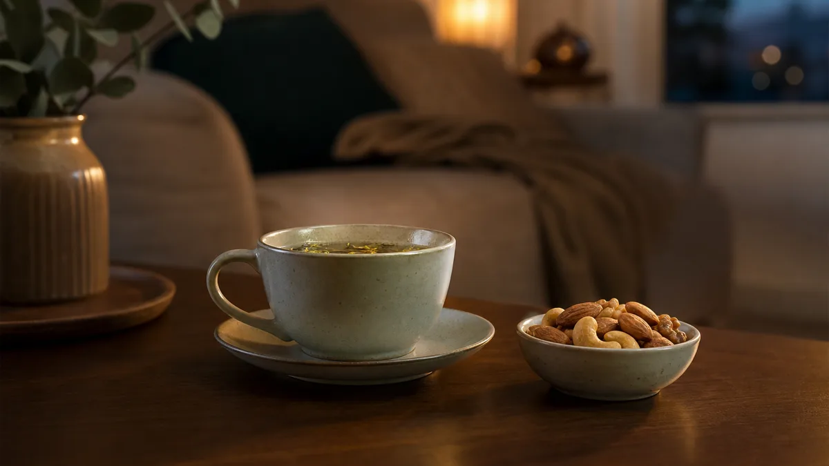 Person auf dem Sofa vor dem Fernseher greift abends in eine Schale mit Chips