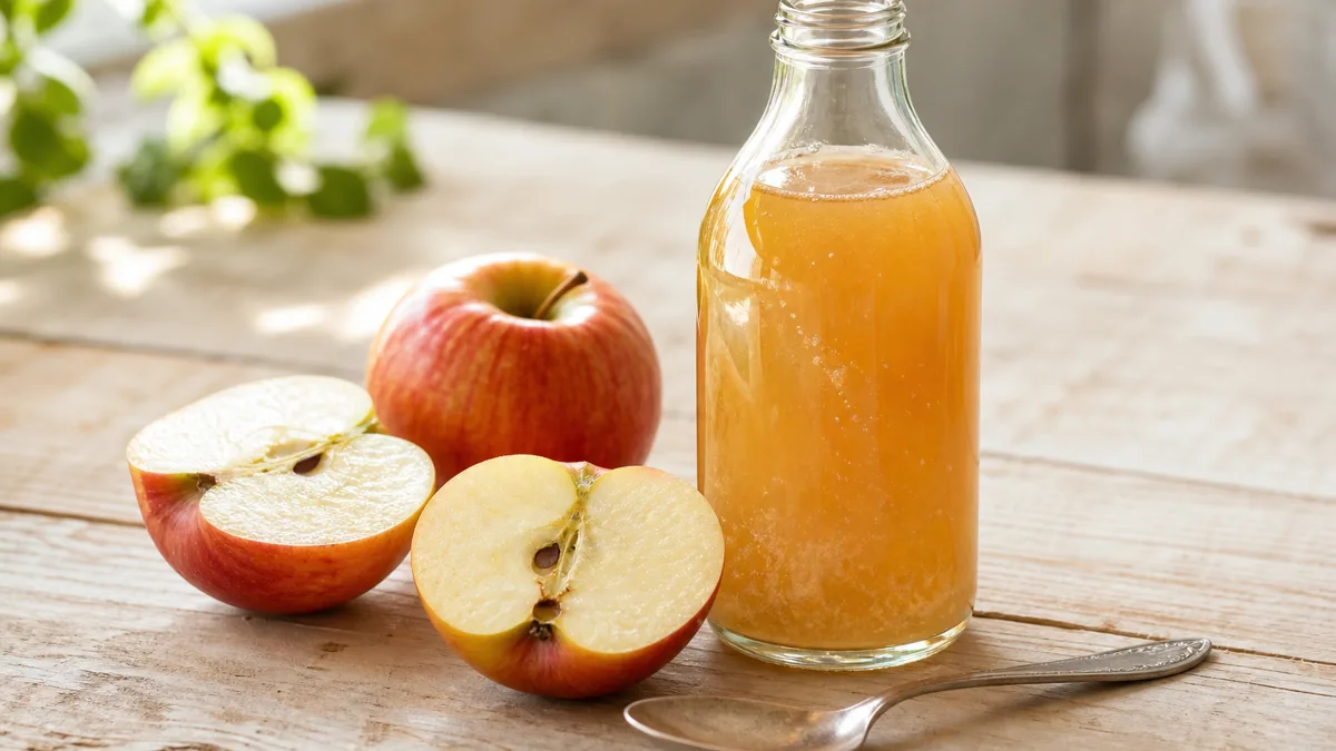 Ein Glas Wasser mit Apfelessig, daneben eine Flasche naturtrüber Apfelessig und frische Äpfel auf einem hellen Holztisch