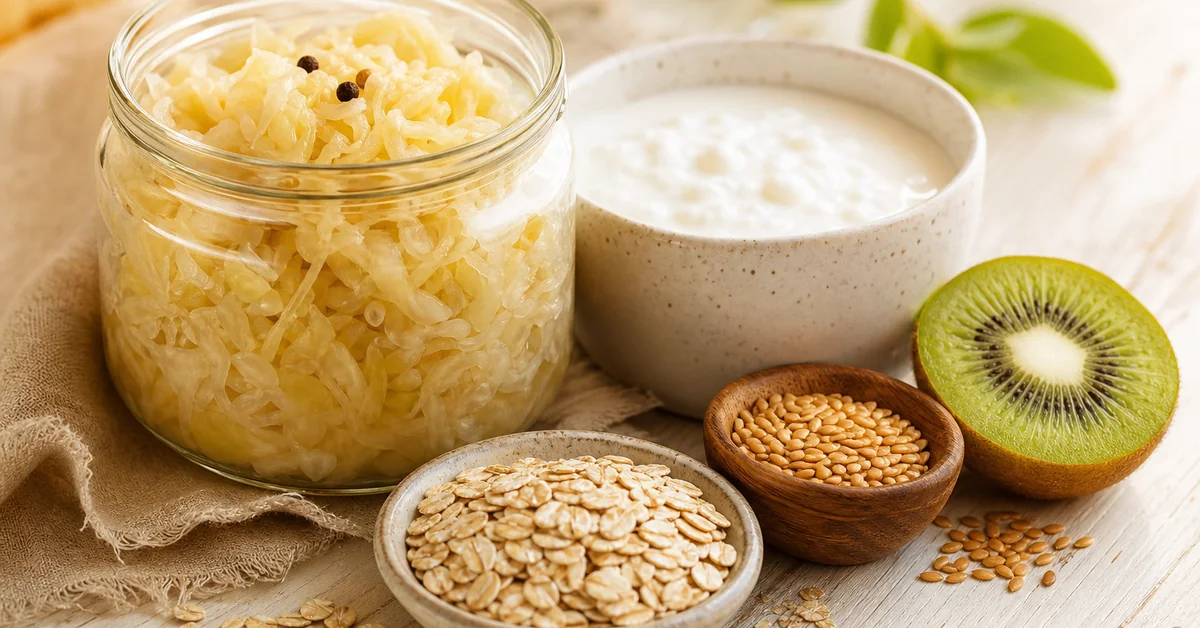 Darmfreundliche Lebensmittel wie Joghurt, Haferflocken, Gemüse und Sauerkraut auf einem Tisch