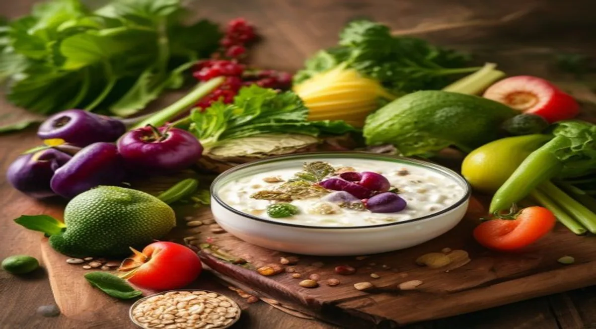 Darmfreundliche Lebensmittel wie Joghurt und Gemüse
