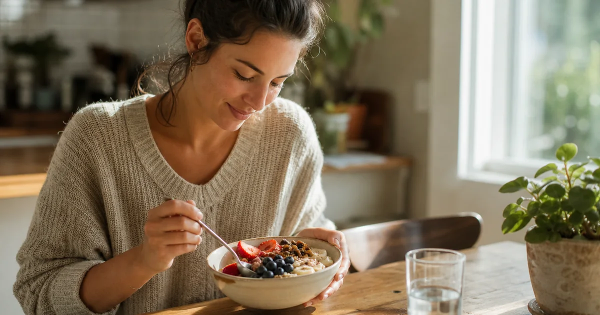 Gesundes Frühstück mit Haferflocken, Obst und Nüssen