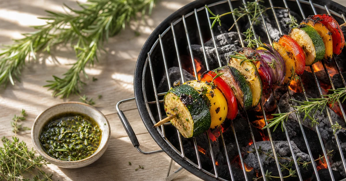 Gemüse und Fleisch auf einem Grill, Symbolbild für schadstoffarmes Grillen