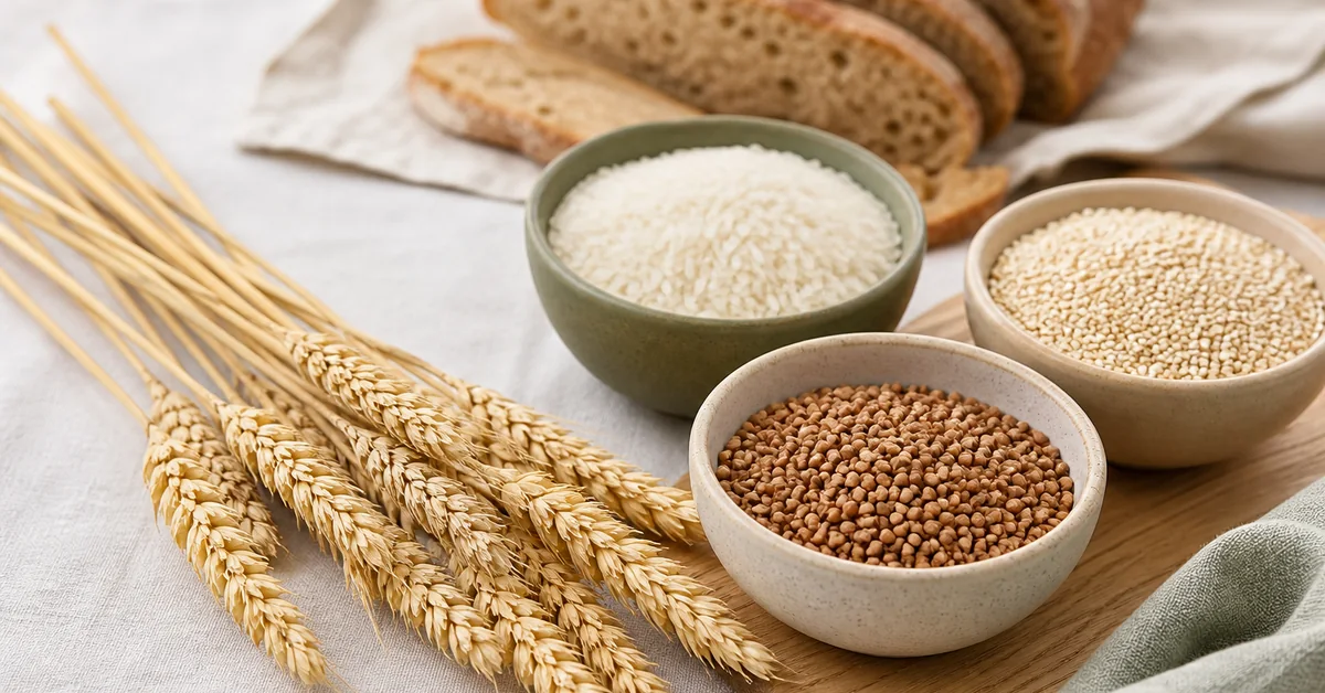 Ein Laib Weizenbrot mit Ähren daneben und ein durchgestrichenes Glutenfrei-Symbol auf einem Holztisch