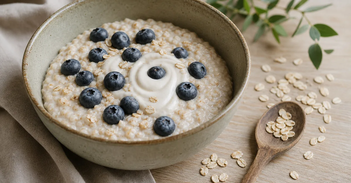 Schale mit eingeweichten Haferflocken, Beeren und Leinsamen neben einem Glas Milch auf hellem Holztisch