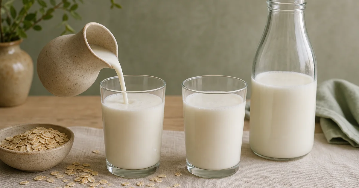Glas Hafermilch neben einem Glas Kuhmilch im Vergleich