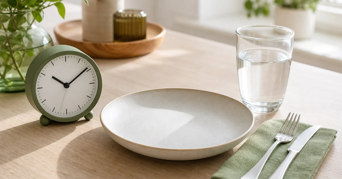 Analoge Küchenuhr neben leerem Teller, Besteck und Wasserglas auf hellem Tisch im Morgenlicht