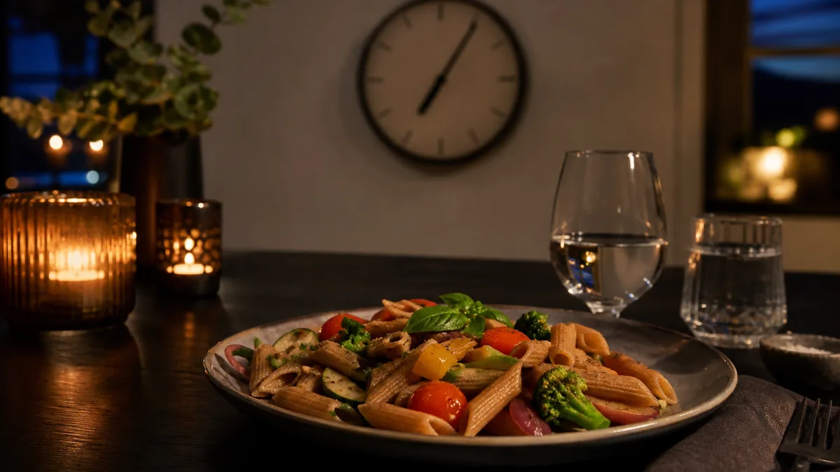 Teller mit Vollkornbrot, Kartoffeln und Gemüse auf einem Abendtisch mit warmem Licht