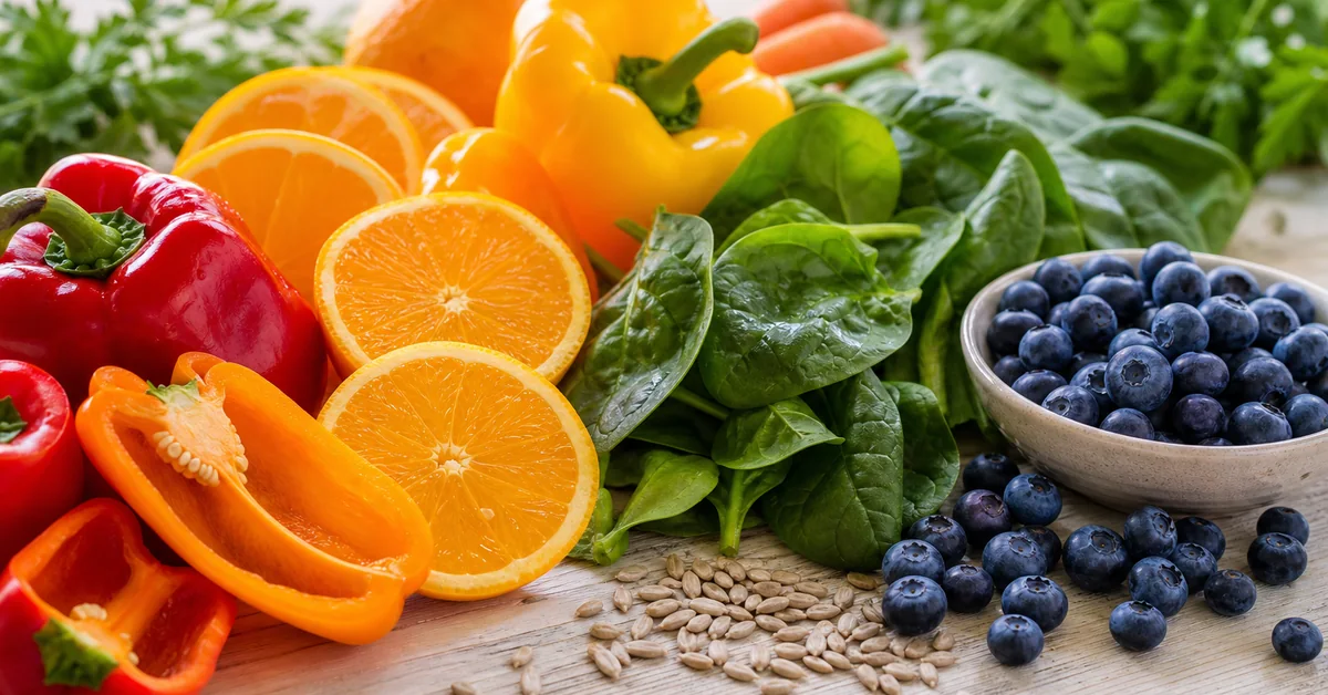 Buntes Obst und Gemüse als natürliche Quellen für Vitamine und Mineralstoffe