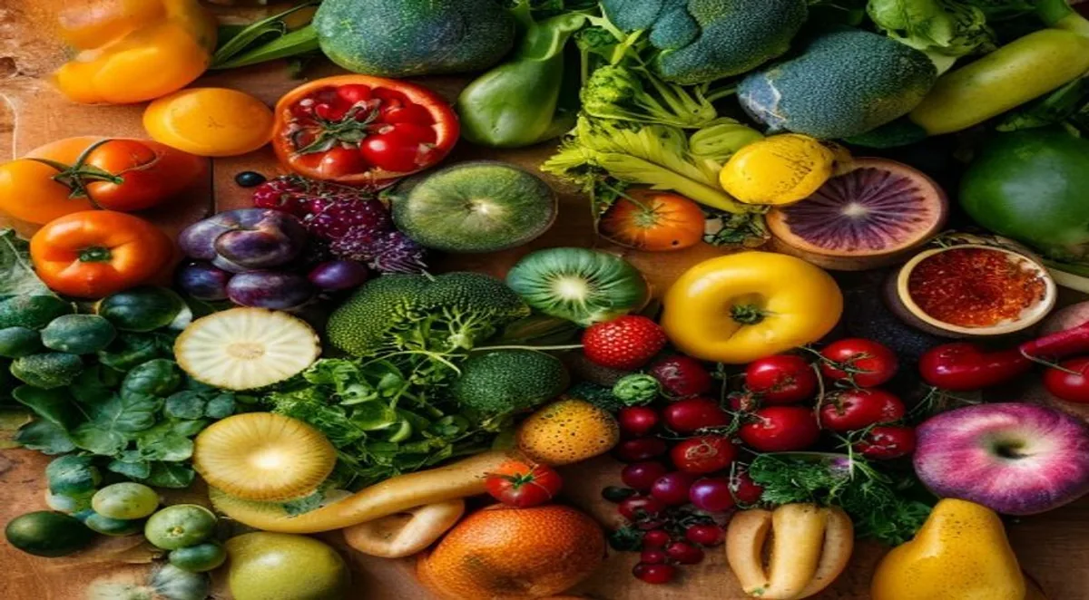 Buntes Obst und Gemüse als natürliche Quellen für Vitamine und Mineralstoffe