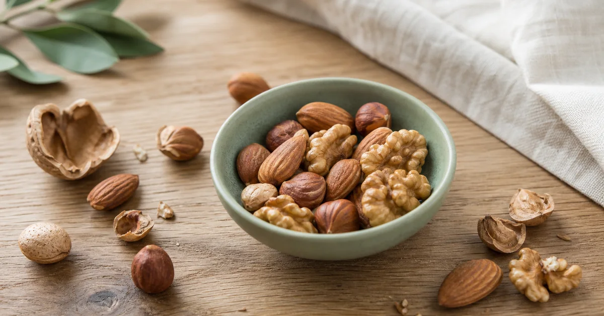 Verschiedene Nüsse – Walnüsse, Mandeln, Cashews und Haselnüsse – in einer kleinen Schale und lose auf einem Holztisch