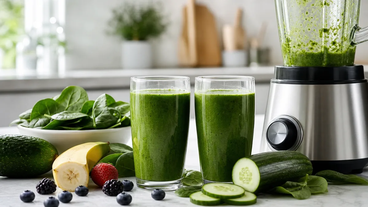 Grüner Smoothie im Glas neben frischem Spinat, Gurke, Banane und Beeren auf einem Holztisch