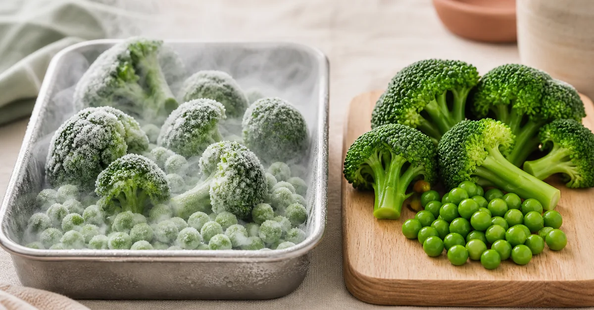 Frische Erbsen und Brokkoli neben einer geöffneten Packung Tiefkühlgemüse auf einer Küchenarbeitsplatte