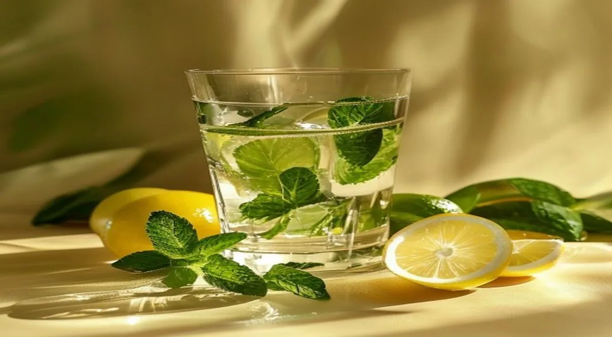 Glas und Karaffe Wasser mit Minze und Zitrone