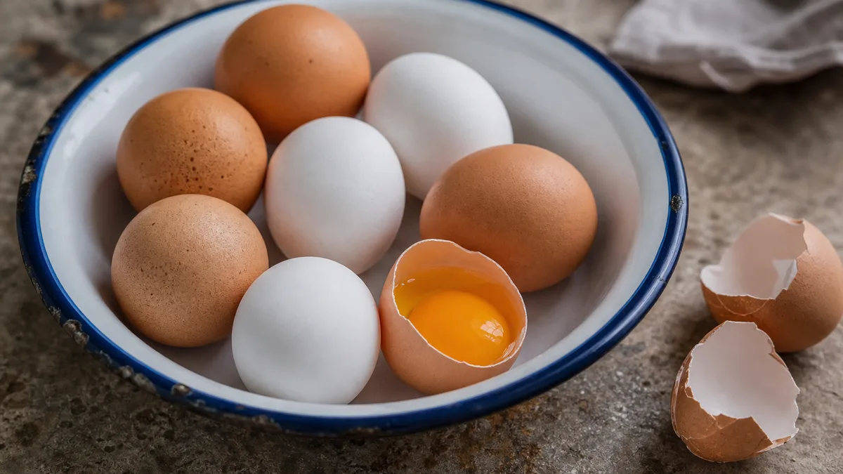 Frische Eier in einer Schale neben einem gekochten Frühstücksei auf einem hellen Küchentisch