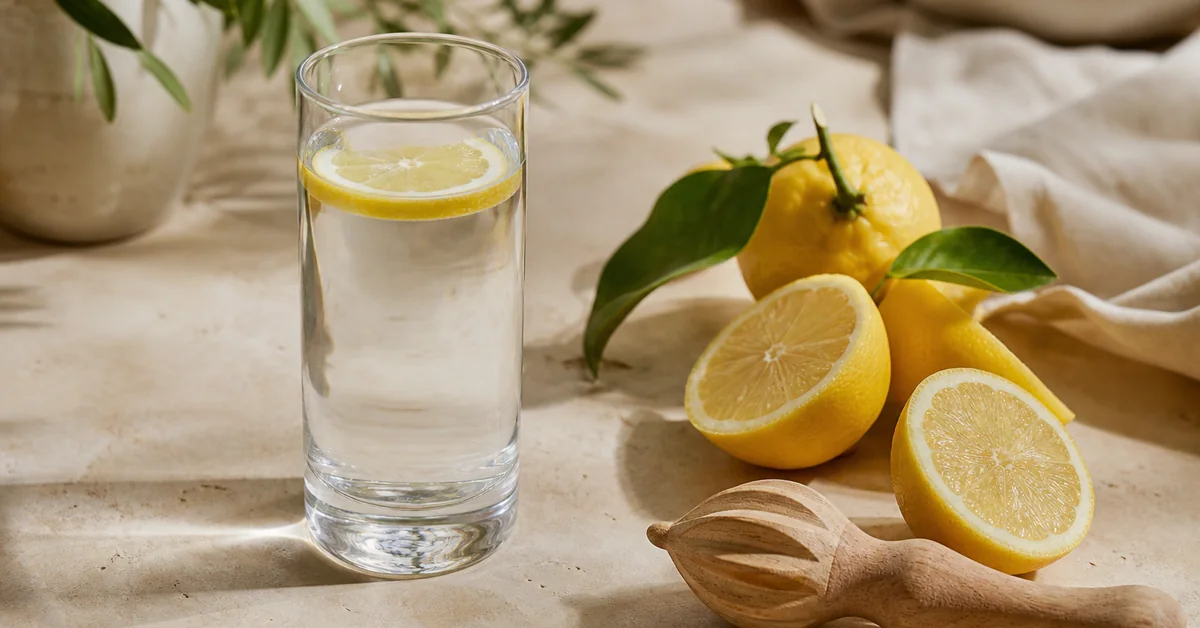 Glas warmes Zitronenwasser mit frischen Zitronenscheiben am Morgen
