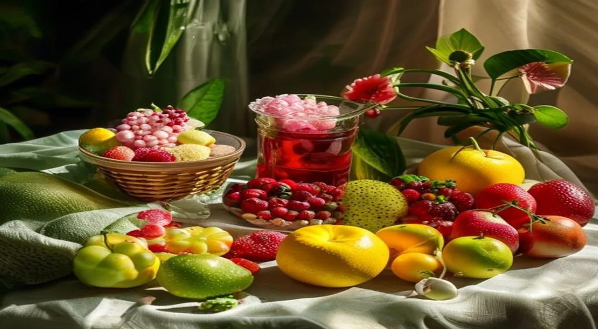 Zuckerwürfel neben frischem Obst auf einem hellen Tisch als Symbol für weniger Zucker